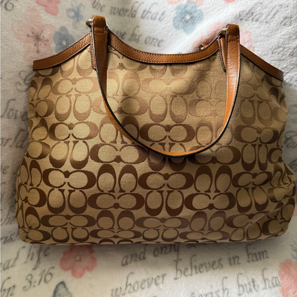 COACH F31444 Signature Snakeskin Stripe Saddle Tote Khaki Shoulder Bag EUC - Picture 2 of 16